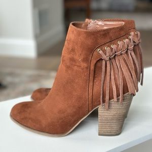 CARLOS Cognac Brown Suede Fringe Booties, Size 8.5